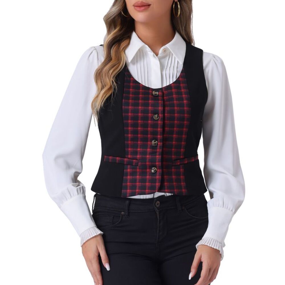 Vintage Waistcoat Vest for Plaid Button Down Work Dressy Vests Red